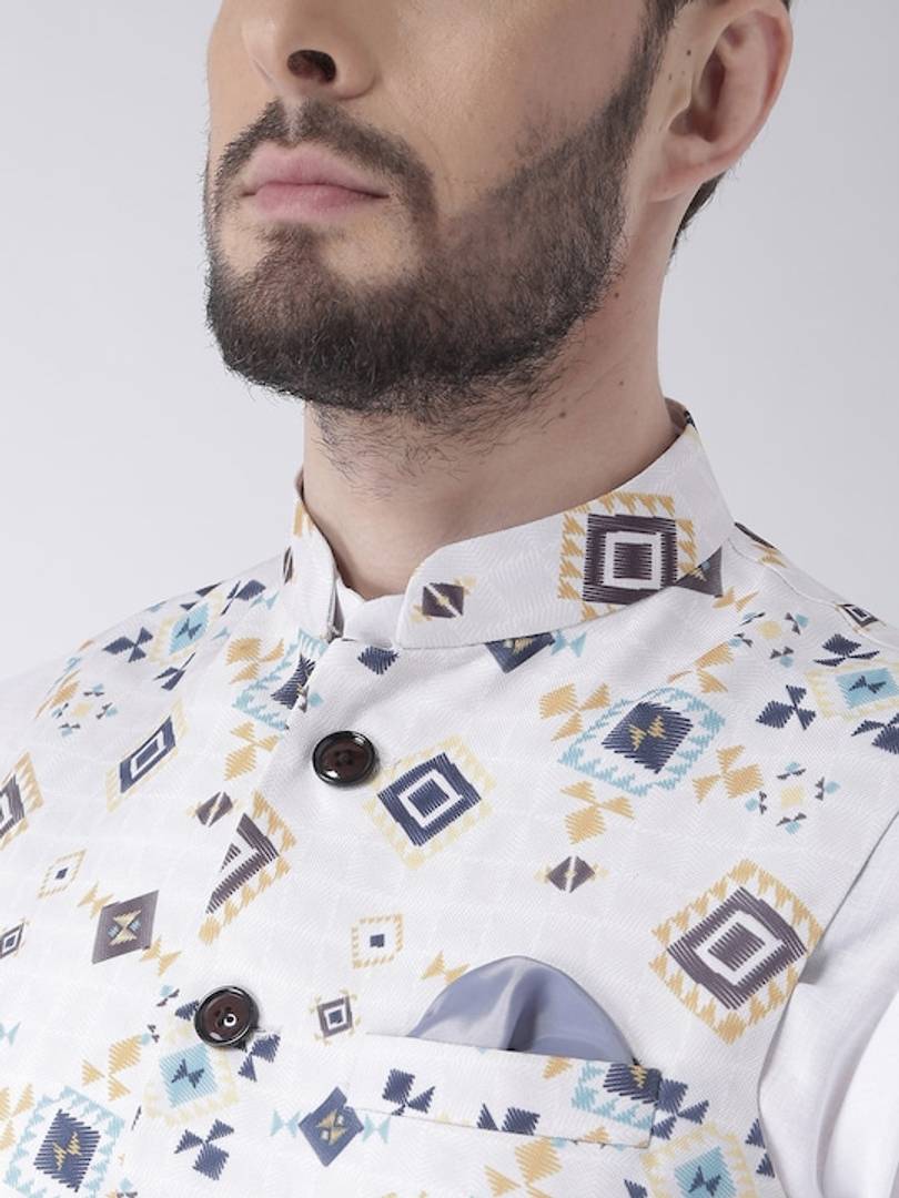 Men's Off White 
Cotton Blend
 Printed Nehru Jackets